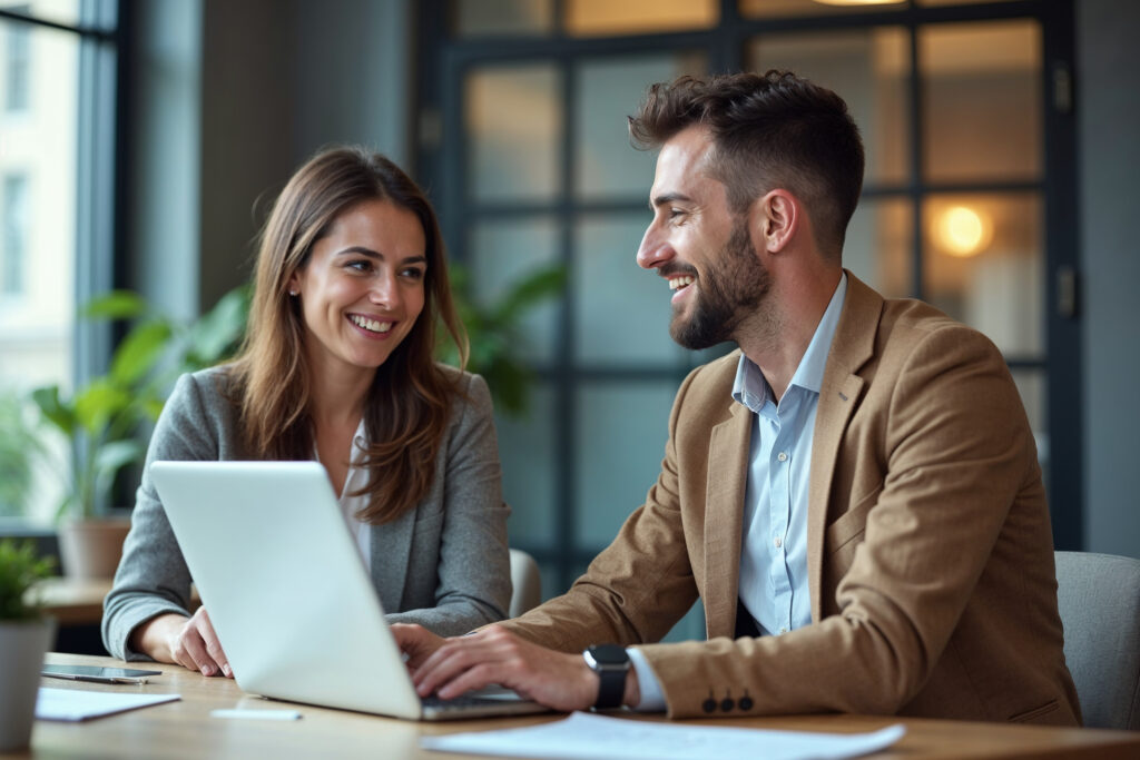 Twee drukke en blije zakelijke professionals, een man en een vrouw, werken samen aan een financiële projectbespreking, gebruikmakend van laptops in een moderne kantooromgeving.